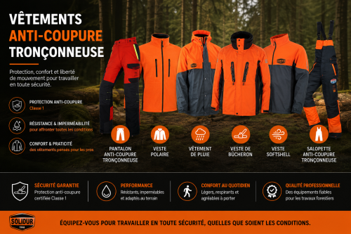 Vêtements anticoupure tronçonneuse, vêtements de pluie, veste softshell, salopette anticoupure